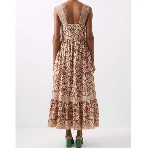 Floral-Print Lace-Trimmed Cotton Twill Midi Dress in Brown Cottagecore Prarie M - Picture 1 of 13